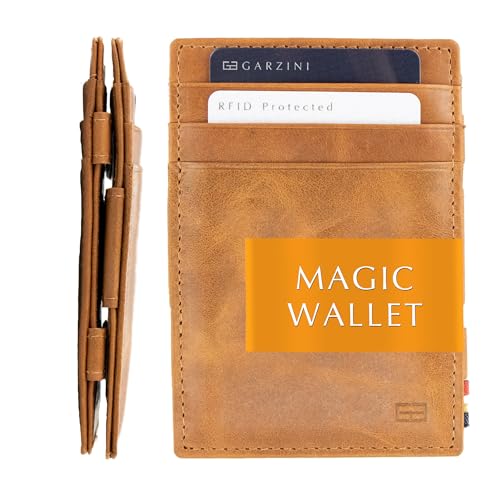 Image of GARZINI Magic Wallet For Men, Minimalist Wallet with RFID card holder, Leather Wallet for 10 cards, Brushed Cognac