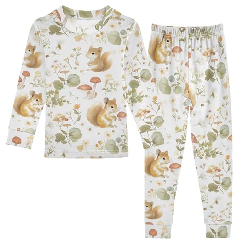Watercolor Lovely Little Squirrel Cute Pajama Sets Long Sleeve Top and Pants, Snug Fit Sleepwear for Night Wears