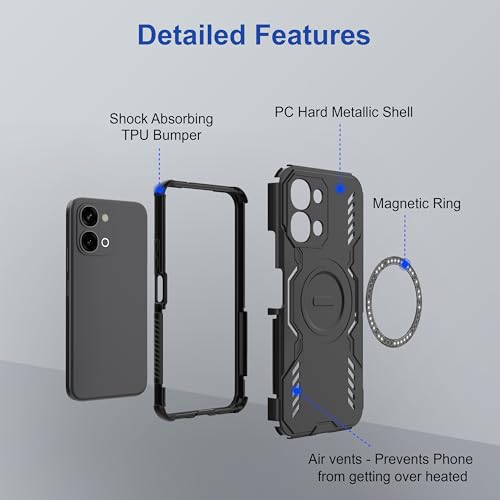 Image of Zapcase Back Case Cover for Vivo T5x 5G | Magnetic Case with Built-in Metal Ring | Supports MagSafe Charger, Wallet & Car Mount | Shockproof Hybrid PC + TPU | Black