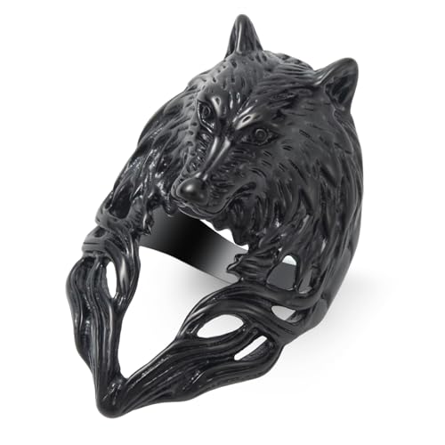 KIRTIJW メンズ ウルフヘッドリング ステンレススチール ファッション ゴシック ゴス パンク バイカー ウルフアニマルリング ジュエリー 男性用 サイズ 8/9/10/11/12/13, 宝石なし