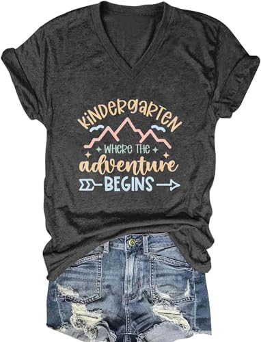 Women's Kindergarten Where The Adventure Begins T-Shirt - V Neck Short Sleeve Casual Loose Tee Tops for Teachers(Dark Gray2-XXL)