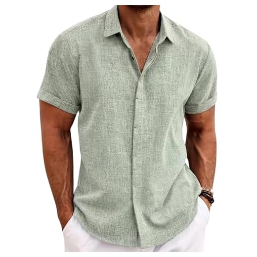 PADOLA Chemise Lin Homme Manches Courtes Boutonnée Chemisette Homme Chemises d'été Unie Chemise de Plage en Coton Coupe Régulière Tee Shirt Décontracté Chemiser (0 Vert Clair, XL)