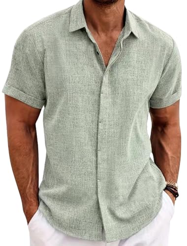 PADOLA Chemise Lin Homme Manches Courtes Boutonnée Chemisette Homme Chemises d'été Unie Chemise de Plage en Coton Coupe Régulière Tee Shirt Décontracté Chemiser...