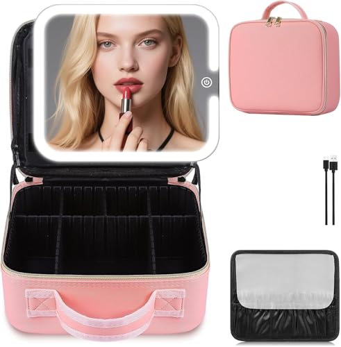 Image of Gattica Makeup Bag with LED Mirror, Cute Cosmetic Bags Birthday Gifts for Girls Women, Makeup Train Case Artists Organizer Large Make Up Bags with Light Up Mirror 3 Color Lights (Pink)