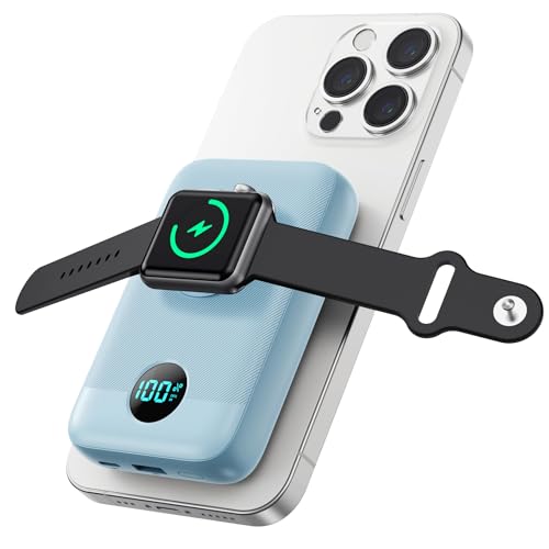 GKUTW Magnetic Portable Charger for iPhone and Apple Watch, 10800mAh 25W PD Fast Charging Power Bank, Dual-Side Magnet Design Travel Essentials Battery Pack for iPhone 17/16/15/14/13/12 (Sky Blue)