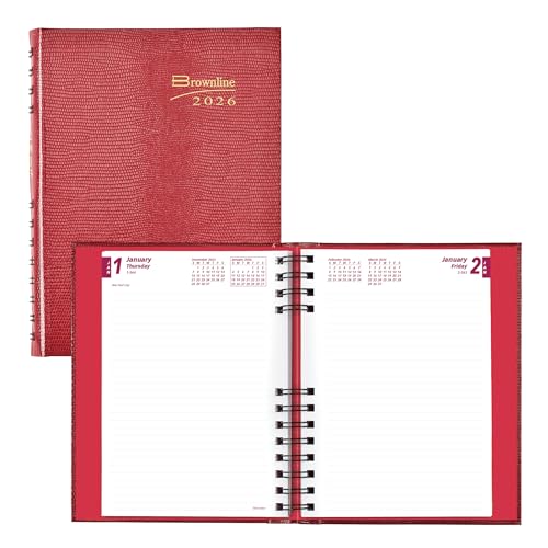 BROWNLINE CoilPro - Agenda diaria 2026, sin tiempo, encuadernación de doble alambre, tapa dura similar a un lagarto, color rojo brillante