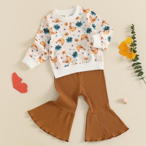 SAYOO Baby Girl Fall Winter Clothes Floral Bow Knit Crewneck Sweatshirts Top Flare Pants Set Toddler Bell-Bottoms Outfits2