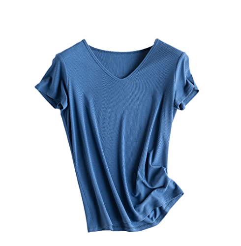 T-shirt en soie véritable contre la chaleur : restez fraîche en col en U bleu paon