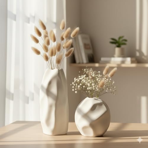 Image of PUREZENTO 'Mudstone' White Ceramic Vase - Set of 2 | Centerpiece & Showpiece Vases for Home Decor, Bedroom, Bookshelf & Tabletop Styling | Decorative Vase for Pampas Grass, Dried & Artificial Flowers