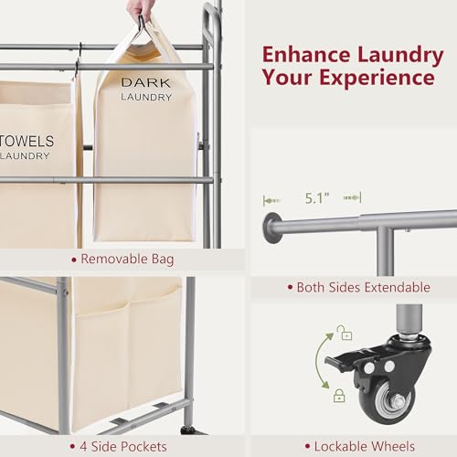 Tajsoon Laundry Hamper with Hanging Rack, Laundry Sorter 4 Sections, 4 Basket Butler with Lockable Wheels and Removable Bag, Rolling Laundry Cart for Bedroom, Beige by Tajsoon - Image 6