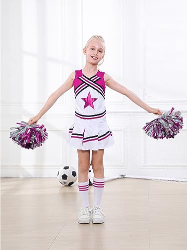 LOLANTA Girls' Cheerleading Costumes with Pompoms and Socks, Kids Halloween Fancy Dress Up, Cheerleader Outfit, Rosered, 4-5 Years, 110 - Image 4