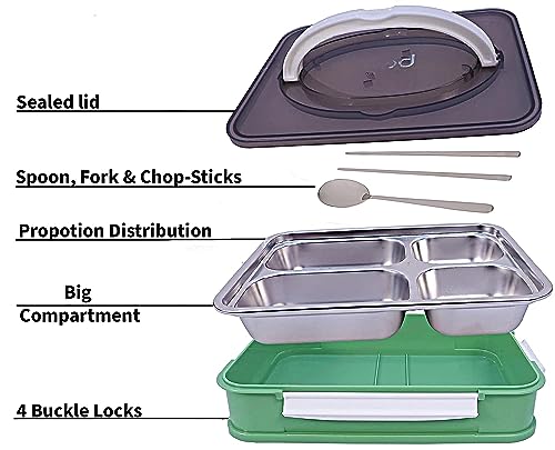 Image of Lunch Box for Adults 4 Compartment Insulated Stainless Steel with Spoon & Fork Tiffin Box for Girls, Boys, School, Office Men & Women (Multicolor)