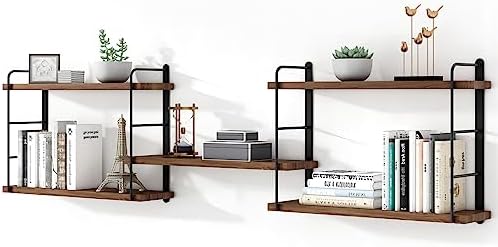 MXCSE Wall Mounted Floating Shelves - Adjustable Rustic Wall Decor Wood Shelves for Bedroom, Living Room, Bathroom and Kitchen Storage, Durable Metal Frame, Easy Installation (Brown)