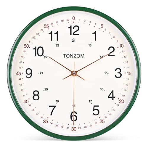 TONZOM Horloge Murale en Verre Horloge Murale à Quartz Silencieuse à Piles de 12 Pouces 24 Heures Chiffres Arabes Facile à Lire Horloge Mains Dorées Cadre Vert Horloge Murale Moderne Cover