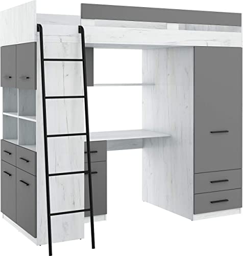 FurnitureByJDM Lit Mezzanine avec Bureau, Tiroirs, Armoire et Bibliothèque – Level Gauche - (Craft Blanc/Graphite)