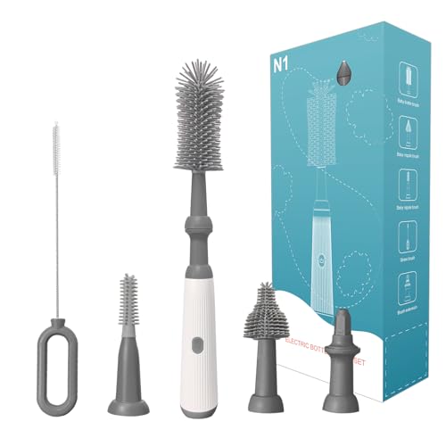 Image of Electric Bottle Brush Cleaner Set, Electric Baby Bottle Brush Cleaner with Rechargeable Electric Bottle Cleaner and Silicone Bottle Brushes and Straw Brush, Automatic Bottle Cleaner Brush (Grey)