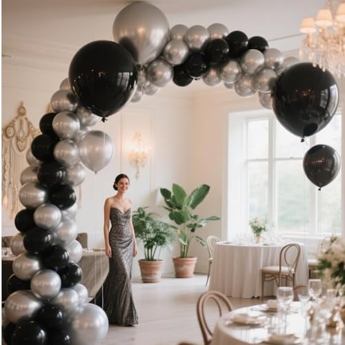 Image of 412Pcs Black and Silver Balloons Arch Kit, Latex Balloons Different Sizes 18 12 10 5 Inch for Birthday, Wedding, Graduation, Anniversary Decorations