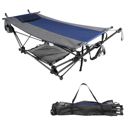 RedSwing Portable Folding Hammock with Stand,Foldable Camping Hammock with Removable Pillow,Storage Net,Foldable Lounge Camping Bed for Adults for Outdoor,Backyard,Beach,Garden,Lawn Cover