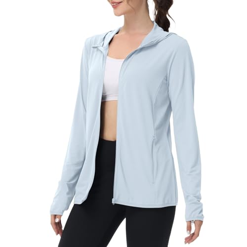 Generisch Chaqueta de running para mujer, chaqueta deportiva de manga larga, protección solar, sudadera con capucha con cremallera completa, chaqueta de entrenamiento fina y ligera, con bolsillos, UPF