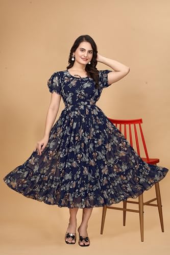 Image of Women's Georgette Dresses Floral Printed One Piece Stylish Long Maxi Western Frock Midi Dress for Women (Puffed Sleeves) for Gals