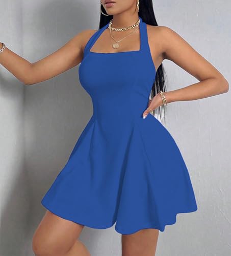 Image of PerZeal Women's Summer Halter Dress Backless Mini Beach Party Dress Sleeveless A-Line Sundress Casual Club Dress