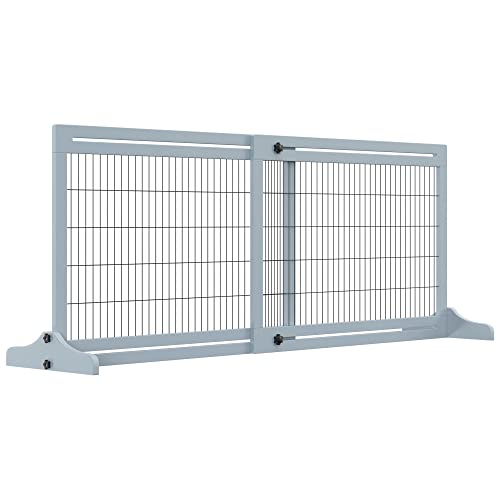PawHut Barrera de Seguridad para Perros Extensible 104-183x69 cm Barrera para Perros en Casa de Madera para Puerta Escalera Pasillo Azul Grisáceo