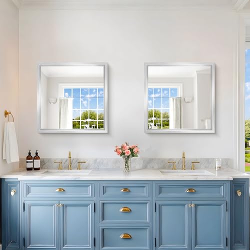 Image of 24 x 24 Silver Bathroom Mirror, Brushed Silver Square Mirror for Wall, 0.6 inch Thickened Deep Frame Mirrors for Bathroom Sink, Shatterproof Tempered Glass, Antirust, Horizontally or Vertically