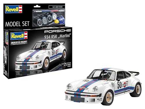 Revell Modellbausatz Porsche 934 RSR Martini - Maßstab 1:24 - Detaillierte Karosserie und Überrollbügel - Mehrteiliger Motor und drehbare Räder - Originalgetreues Martini-Dekor