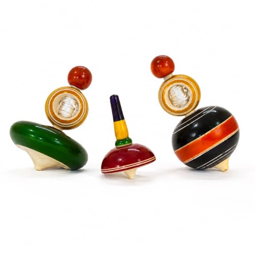 Image of Wooden Spinning Tops Combo Pack of 3 nos (Buguri, Lattu,Pambaram) Multi Color - Non Toxic Channapatna Hand Crafted Desi Toddler /Kids Indoor Toys, Return Gift, bongaram for Kids.