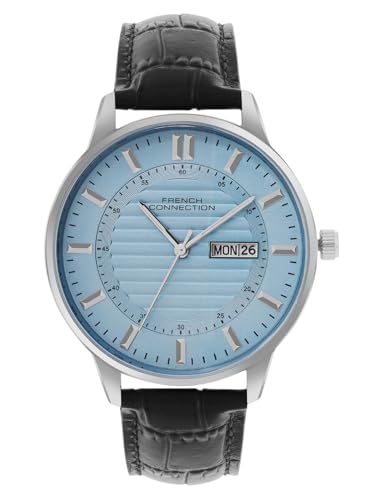 Image of French Connection Textured Sky Blue Round Dial with Black Leather Strap Watch - for Mens FCN0123BL