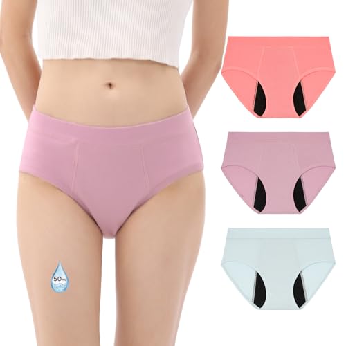 INNERSY Period Pants Teenager Heavy Flow Overnight Menstrual Underwear Cotton Girls Knickers 3 Pack (16-18 Years, Pink/Blue/Purple)