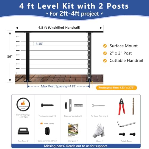 Image of Modular 36 inch Swageless 2-4FT Cable Railing Post Kit with Handrail