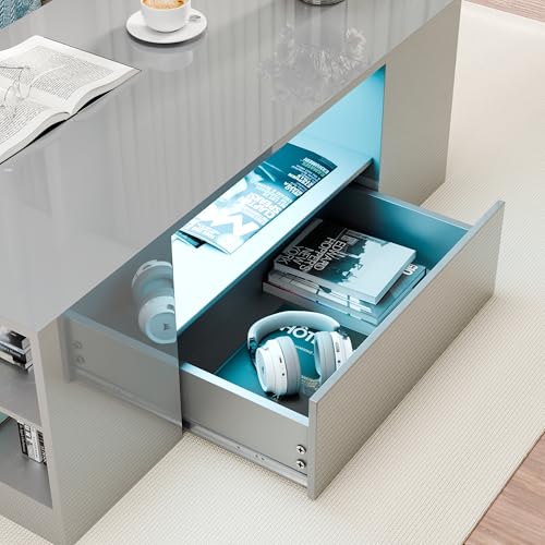 Blisswood Led Coffee Table with 2 Drawer Storage, High Gloss Coffee Table for Living Room Wooden Centre Table with RGB Led Lights Rectangle Tea Table for Living Room Furniture, Grey