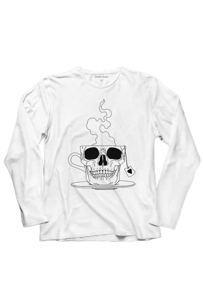 Kurukafa Kahve Çay Streetwear Uzun Kollu Tişört Baskılı T-Shirt Beyaz