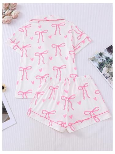 Image of SHENHE Women's 2 Piece Pajama Set Bow Graphic Button Down Short Sleeve Lapel Shirt Pj Short Set