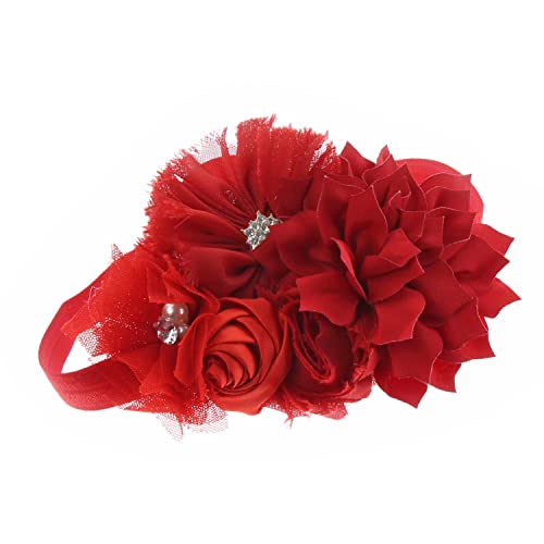 Image of My Lello Headband Shabby Fabric Flower Cluster Baby - Infant - Toddler - Girl Stretchy Elastic Red