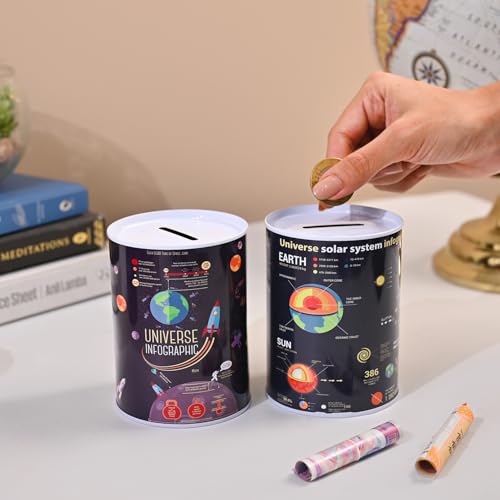 Image of Market99 Money Bank Set of 2 | Black Round Tin Coin Banks with Glossy Finish & Solar System Design | Stylish Piggy Banks for Kids & Adults | Ideal for Saving Coins at Home, Desk & Gifting Use