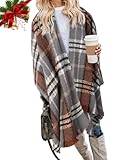 Bestshe Women's Boho Open Front Poncho Knitted Plaid Shawl Wrap Cape Tassel Cardigan Sweater