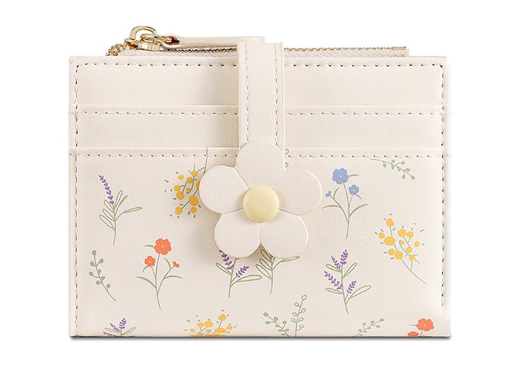 Women Mini Wallet with Zip Coin Pocket | Floral Print Card Holder Purse | Compact PU Leather Wallet for Girls & Ladies (Cream)-image-37