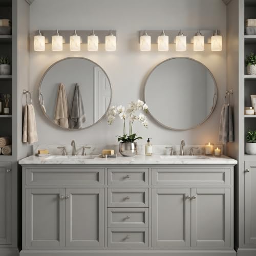 Image of 5-Light Bathroom Light Fixture, Brushed Nickel Modern Vanity Light with White Marble Glass Shade, for Bathroom Mirror, Living Room, Bedroom, Hallway, E26 Base, Extended Base
