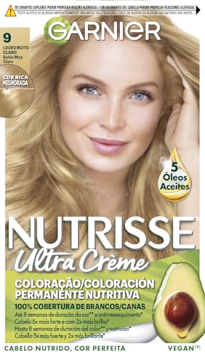 Garnier Nutrisse Creme Coloración Nutritiva Permanente, Tinte 100% Cobertura de Canas con Mascarilla Nutritiva de 5 Aceites - Tono 9 Rubio muy Claro