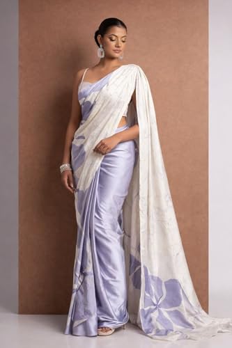 Image of Japan Satin Floral Print Saree for Women with Blouse Piece - Satin Finish Draped Saree
