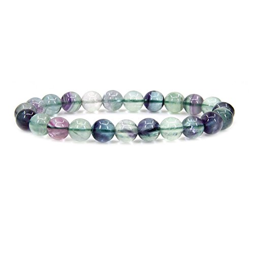 Amandastone Braccialetto elastico unisex, con perle rotonde in pietra semipreziosa da 8 mm, lungo 17,78 cm, colore: Multicolor Fluorite, cod. AMANb00084-0124