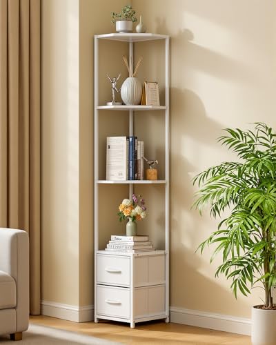 Housolution Corner Shelf Stand with Storage, 63.4'' Tall 6-Tier Corner Bookshelf Includes Fabric Drawers, Freestanding Corners Storage Shelf for Living Room Bedroom Kitchen Bathroom (White)