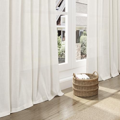 Image of Nanspring Cream Linen Back Tab Curtains 86 Inch Length for Living Room 2 Panel Set Farmhouse Window Semi Sheer Linen Drapes Rustic Pinch Curtain for Bedroom 52X86