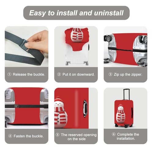 Image of Snowman Luggage Cover - Red Background with Cute Snowman in Striped Scarf, Simple Stretchable Suitcase Cover 24 26 Inch
