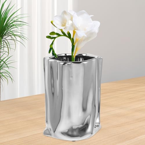Vase en céramique argenté petit format stable pour fleur séchée