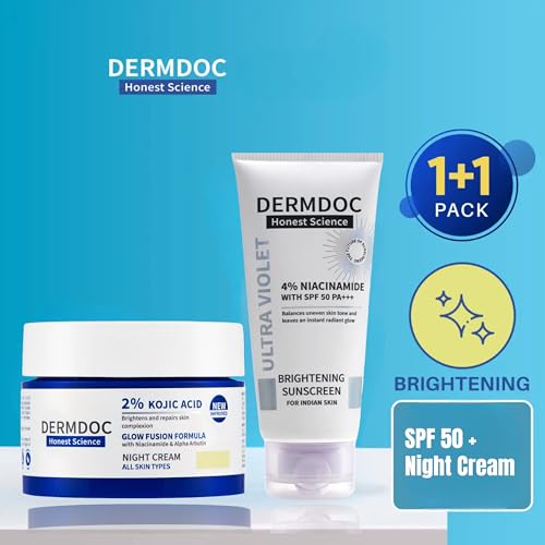 DERMDOC 2% Kojic Acid Glow Fusion Night Cream (50 gm) + 4% Niacinamide Ultra Violet Brightening Sunscreen with SPF 50 PA+++ (50 gm) | Skin... - Image 2