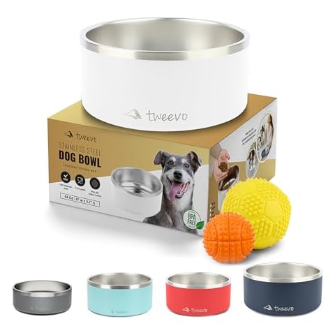 Stainless Steel Dog Food Bowl with 2 Rubber Balls - Non-Slip Insulated Dog Bowl with 7 Color Options - 64 Oz Durable Dog Water Bowl for Medium, Large and Extra Large Dogs (White) Cover