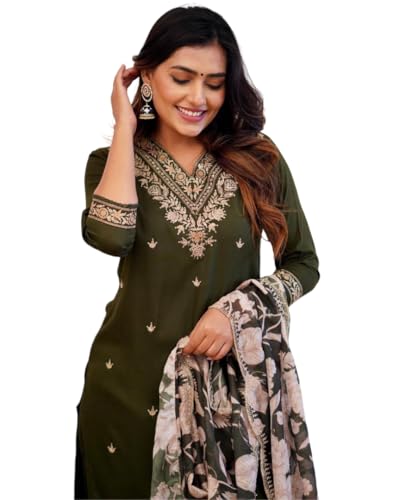 Image of Women Afghani Viscose Rayon Kurta Pant Dupatta Set with Embroidered Neck Work and Floral Print Organza Dupatta | Ethnic Straight Suit Set